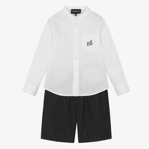Emporio Armani-Boys White & Navy Blue Shorts Set | Childrensalon