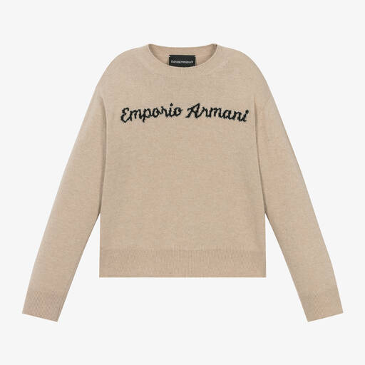 Emporio Armani-Girls Beige Knitted Wool Sweater | Childrensalon