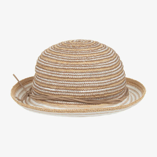 Emporio Armani-Girls Beige Striped Straw & Linen Hat | Childrensalon