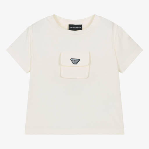 Emporio Armani-Кремовая хлопковая футболка с карманом для девочек | Childrensalon