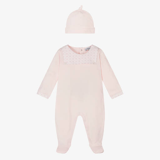 Emporio Armani-Girls Pink Cotton Babygrow & Hat Set | Childrensalon