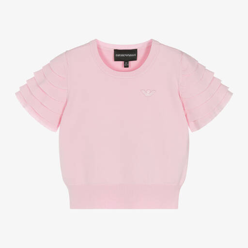 Emporio Armani-Girls Pink Ruffle Sleeve Knitted T-shirt | Childrensalon