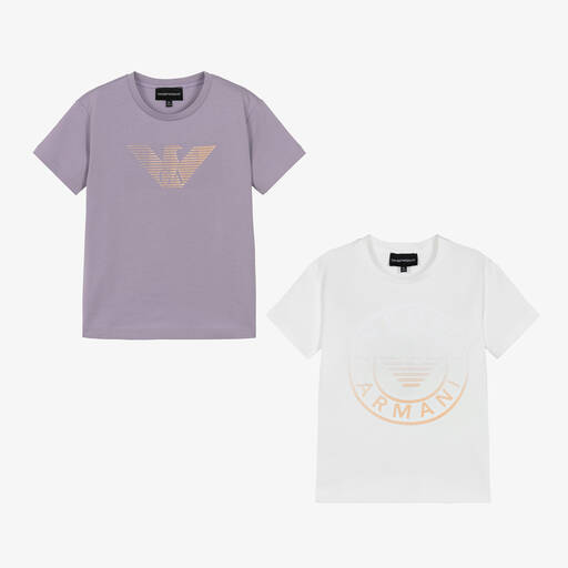 Emporio Armani-Girls Purple & White Cotton T-Shirts (2 Pack) | Childrensalon