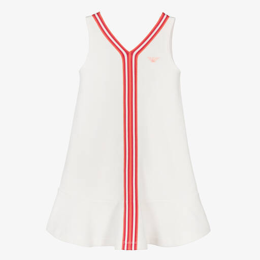 Emporio Armani-فستان قطن بيكيه مقلم لون أبيض وأحمر | Childrensalon