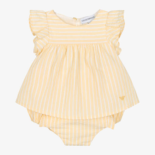 Emporio Armani-Girls Yellow Striped Cotton Shorts Set | Childrensalon