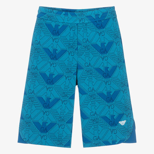 Emporio Armani-Teen Boys Blue Cotton Eagle Print Shorts | Childrensalon