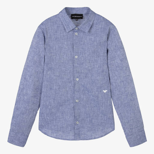 Emporio Armani-Teen Boys Blue Cotton & Linen Shirt | Childrensalon