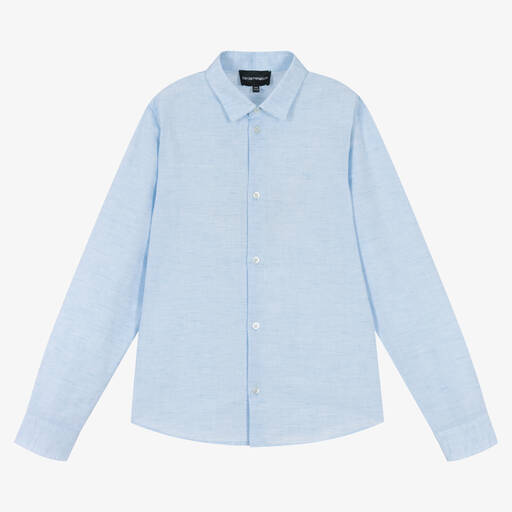 Emporio Armani-Teen Boys Blue Logo Linen Shirt | Childrensalon