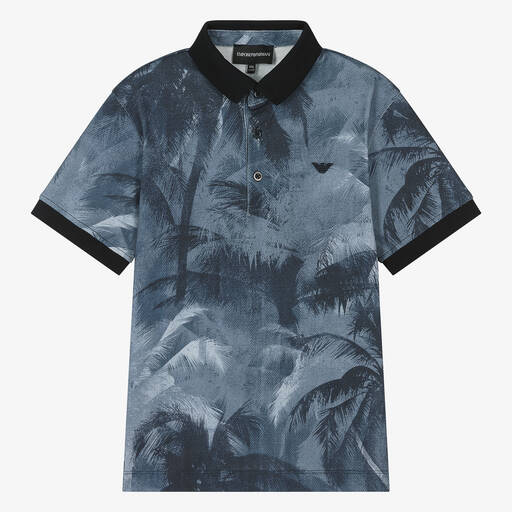 Emporio Armani-Teen Boys Blue Palm Print Polo Shirt | Childrensalon