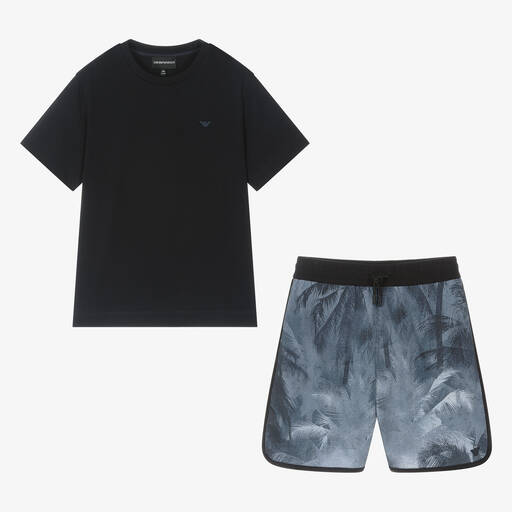 Emporio Armani-Teen Boys Blue Palm Tree Cotton Shorts Set | Childrensalon