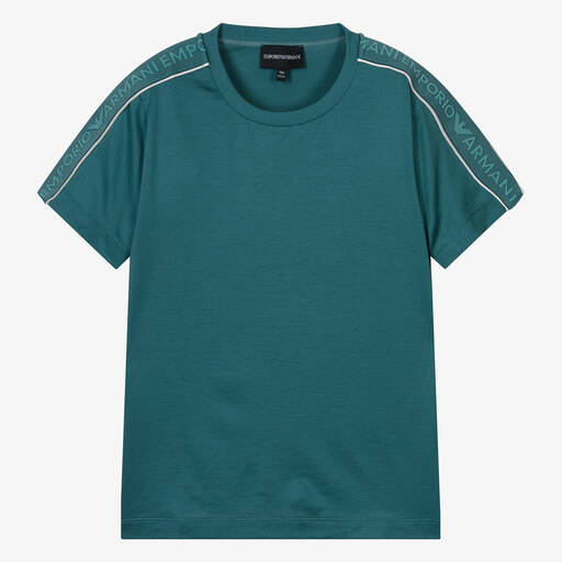 Emporio Armani-Teen Boys Green Viscose & Cotton T-Shirt | Childrensalon