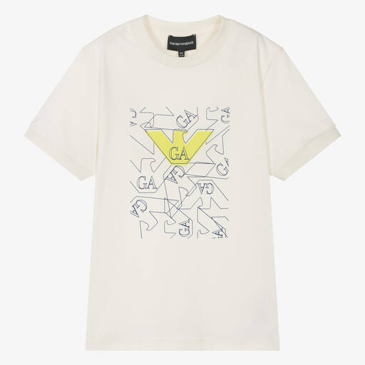 Emporio Armani-Teen Boys Ivory Cotton Eagle T-Shirt | Childrensalon