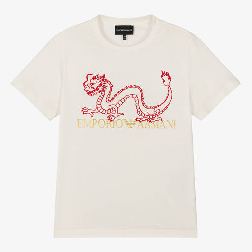 Emporio Armani-Кремовая футболка Dragon для мальчиков-подростков  | Childrensalon