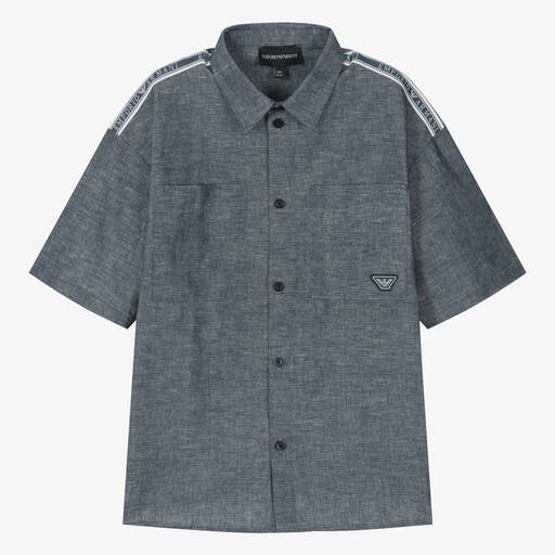 Emporio Armani-Teen Boys Navy Blue Cotton & Linen Shirt | Childrensalon