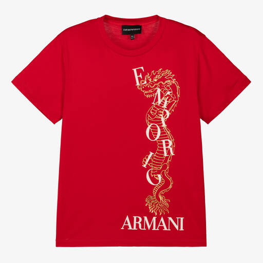 Emporio Armani-Красная футболка Dragon для мальчиков-подростков  | Childrensalon