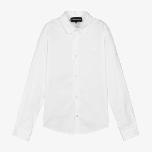 Emporio Armani-قميص تينز ولادي قطن جيرسي مطرز لون أبيض | Childrensalon