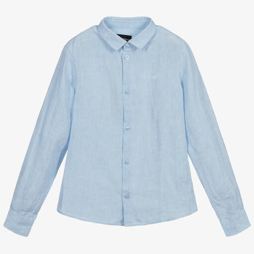 Emporio Armani-قميص تينز ولادي كتان لون أزرق | Childrensalon