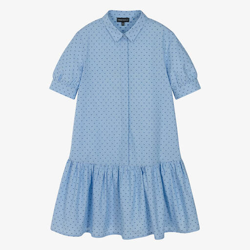 Emporio Armani-فستان قميص قطن بوبلين لون أزرق للمراهقات | Childrensalon