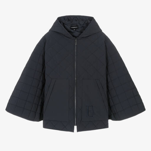 Emporio Armani-Teen Girls Blue Quilted Hooded Cape  | Childrensalon