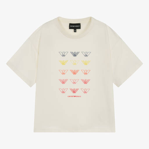 Emporio Armani-Teen Girls Ivory Cotton Eagle T-Shirt | Childrensalon