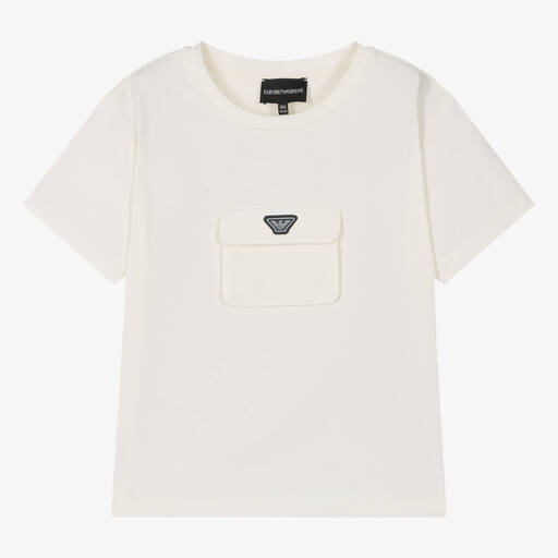 Emporio Armani-Teen T-Shirt aus elfenbeinfarbener Baumwolle mit Tasche für Mädchen | Childrensalon