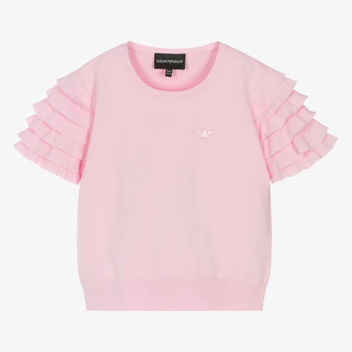 Emporio Armani-Teen Girls Pink Knit Ruffle Sleeve T-shirt | Childrensalon