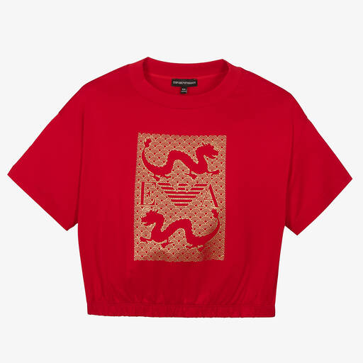 Emporio Armani-Teen Girls Red & Gold Dragon T-Shirt | Childrensalon