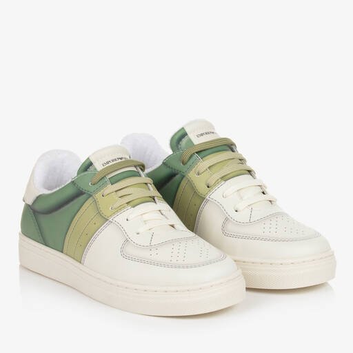 Emporio Armani-Teen Ivory & Green Lace-Up Trainers | Childrensalon