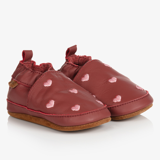 En Fant-Red Leather Heart Slippers | Childrensalon