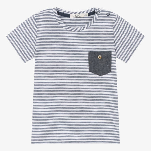 Everything Must Change-Boys White & Blue Stripe Cotton T-Shirt | Childrensalon