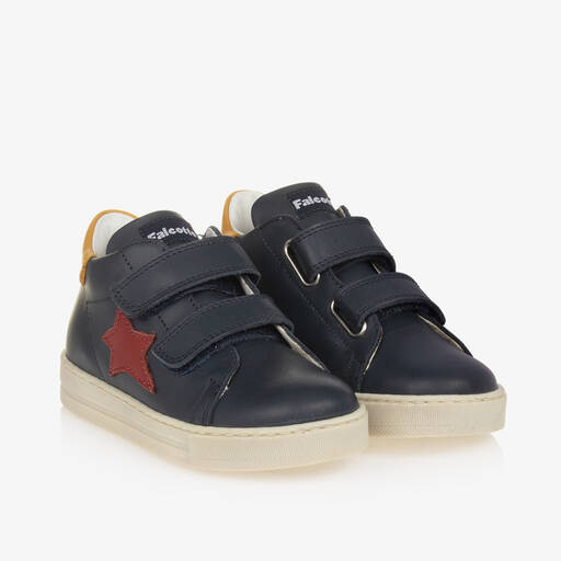 Falcotto by Naturino-Boys Navy Blue Leather Velcro Trainers | Childrensalon