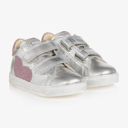 Falcotto by Naturino-Girls Silver & Pink Heart Leather Trainers | Childrensalon