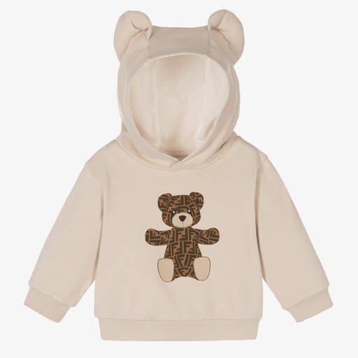 Fendi-Baby Beige Cotton FF Teddy Bear Hoodie | Childrensalon