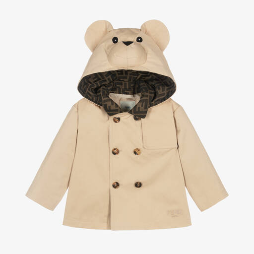 Fendi-Baby Beige Cotton Teddy Bear Trench Jacket | Childrensalon