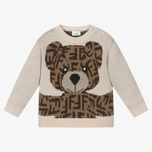 Fendi-Baby Beige Wool FF Bear Sweater | Childrensalon