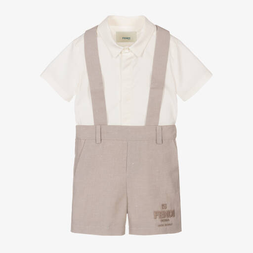 Fendi-Baby Boys Beige Cotton Linen Buster Suit | Childrensalon