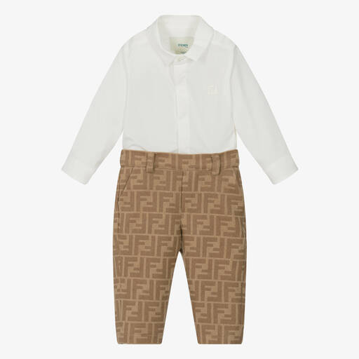 Fendi-Baby Boys Beige Wool FF Buster Suit | Childrensalon