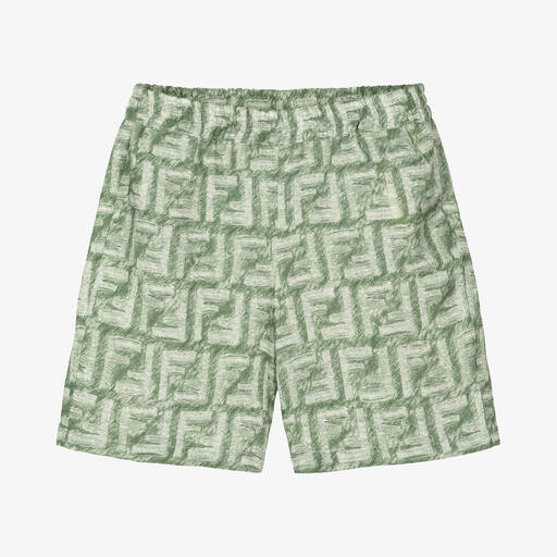 Fendi-Baby Boys Green Linen FF Logo Shorts | Childrensalon