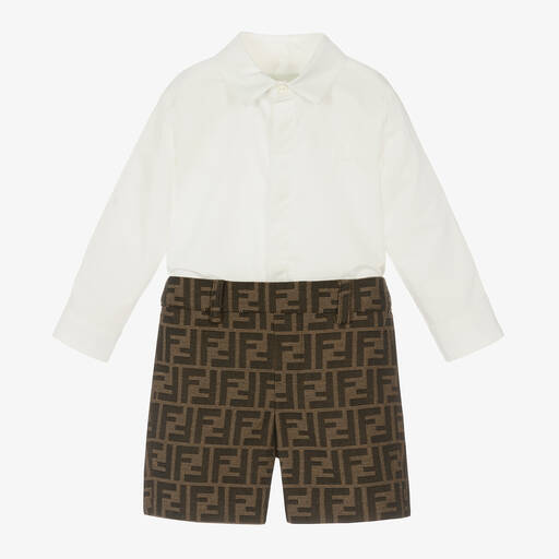 Fendi-Baby Boys Ivory & Brown FF Buster Suit | Childrensalon
