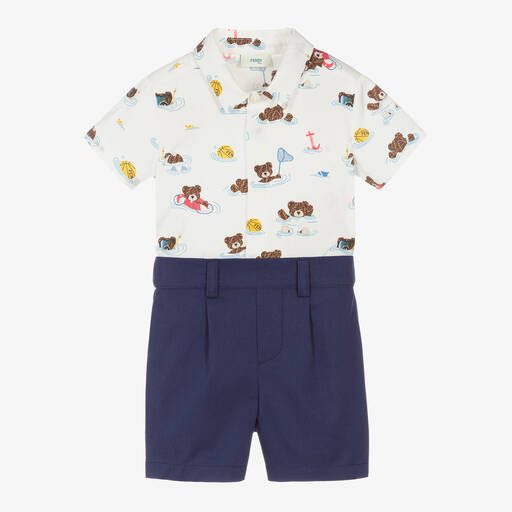 Fendi-Baby Boys White & Blue FF Bear Buster Suit | Childrensalon