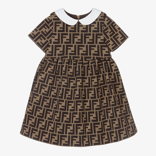 Fendi-Коричневое платье с принтом FF и воротником для малышек | Childrensalon