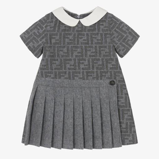 Fendi-Baby Girls Grey Wool Flannel FF Dress | Childrensalon