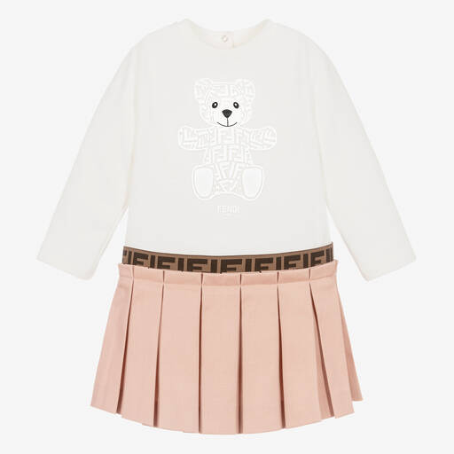 Fendi-Baby Girls Ivory & Pink FF Bear Dress | Childrensalon
