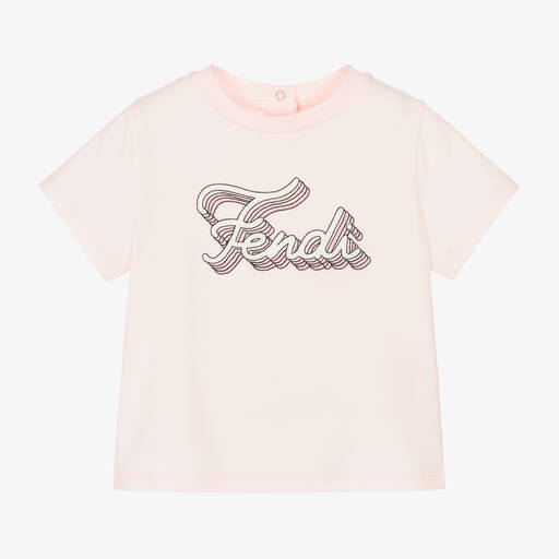 Fendi-Baby Girls Pink Cotton T-Shirt | Childrensalon