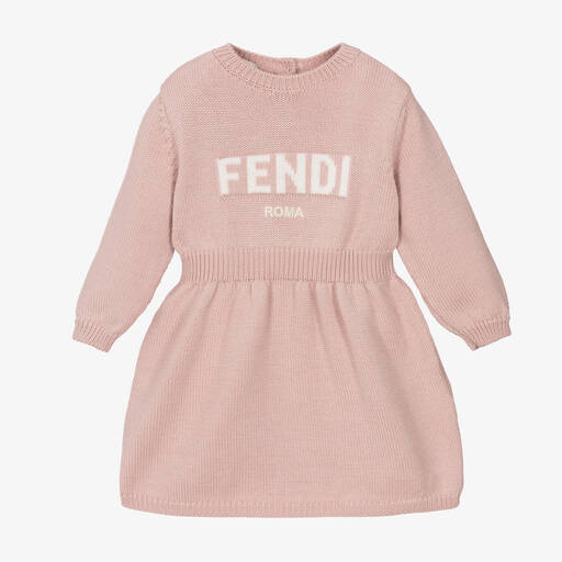 Fendi-Baby Girls Pink Knitted Wool Dress | Childrensalon