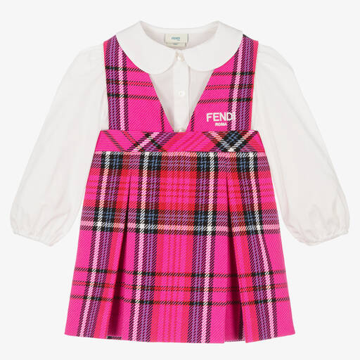 Fendi-طقم فستان قطن وصوف تارتان لون زهري | Childrensalon