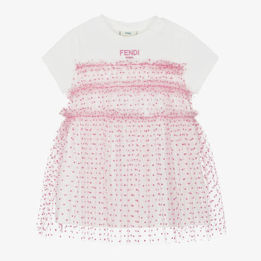 Fendi-Baby Girls Pink Tulle & White Cotton Dress | Childrensalon