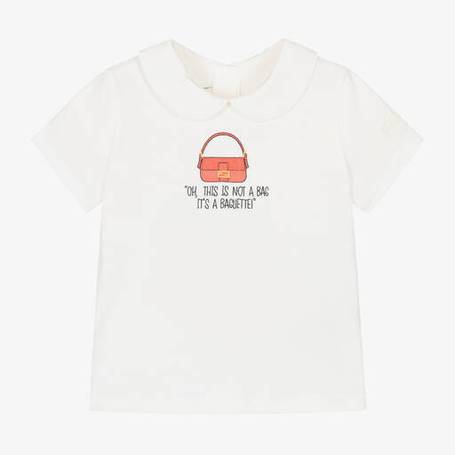Fendi-Baby Girls White Cotton Baguette Bag T-Shirt | Childrensalon