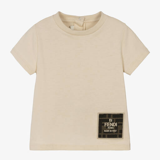 Fendi-Beige Cotton FF Logo T-Shirt | Childrensalon