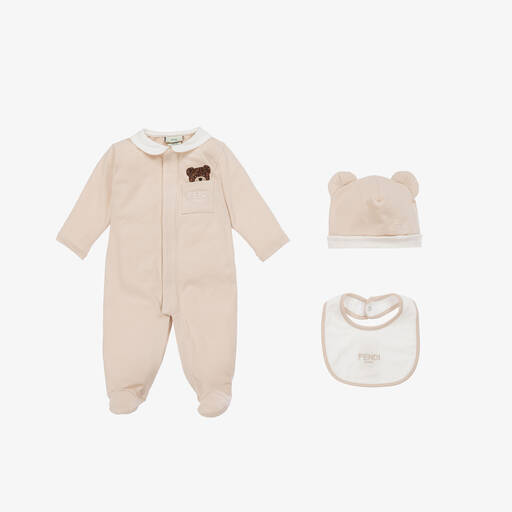 Fendi-Beige Cotton Jersey Babysuit Set | Childrensalon